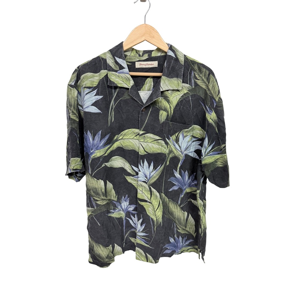 Tommy Bahama Mens XL Hawaiian Floral Camp Shirt Black Green